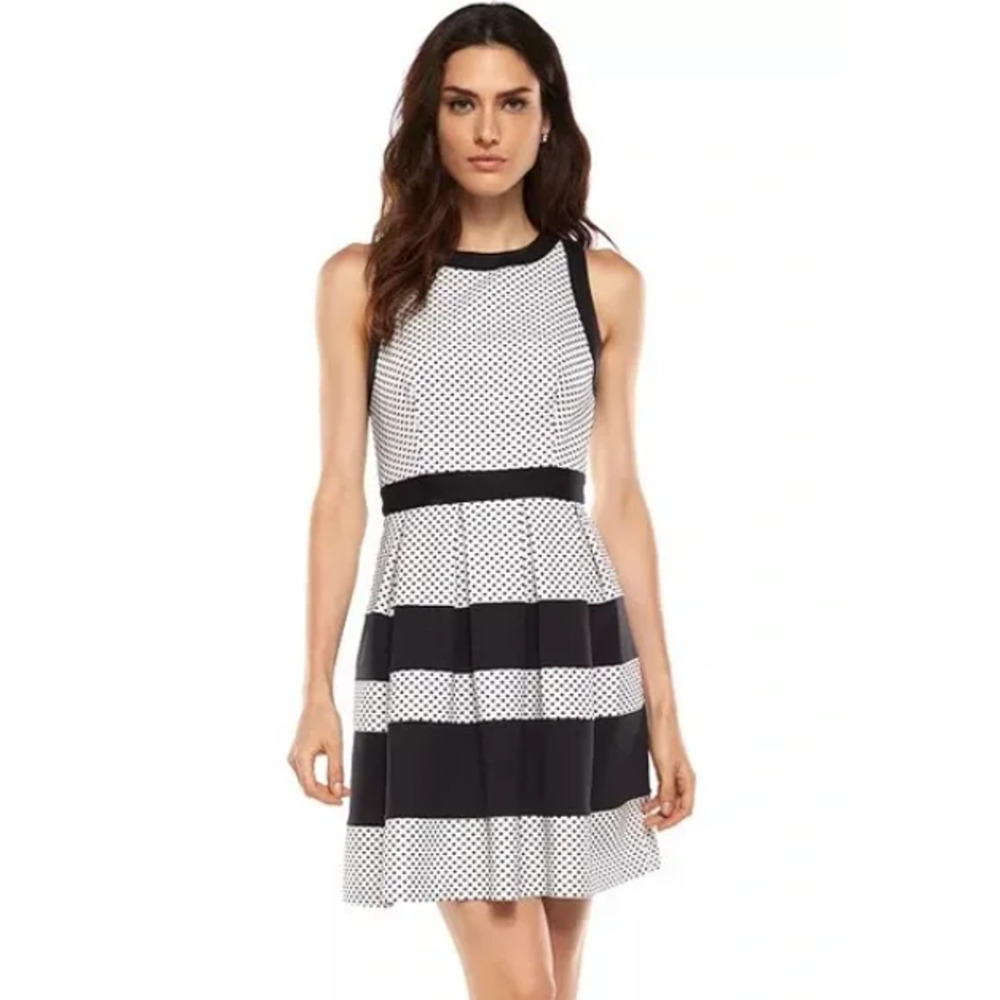 NWT ELLE White Polka Dot Pleated Sleeveless Midi Fit &‎ Flare Dress Womans Sz 8